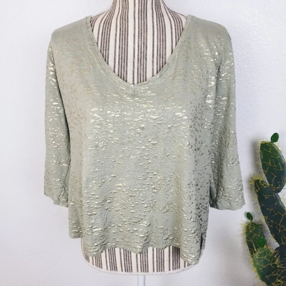 Majestic Filatures Stretch Linen Metallic Novelty 3/4-Sleeve Blouse Top size L